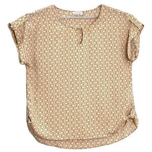 Calvin Klein Womens Keyhole Blouse XL Tan Camel CK Print Mock Roll Tab Sleeve